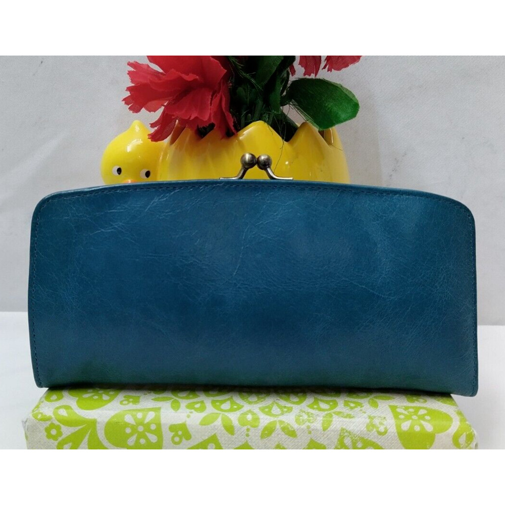 Hobo International Blue Teal Leather Kisslock Credit Card ID Windown Wallet